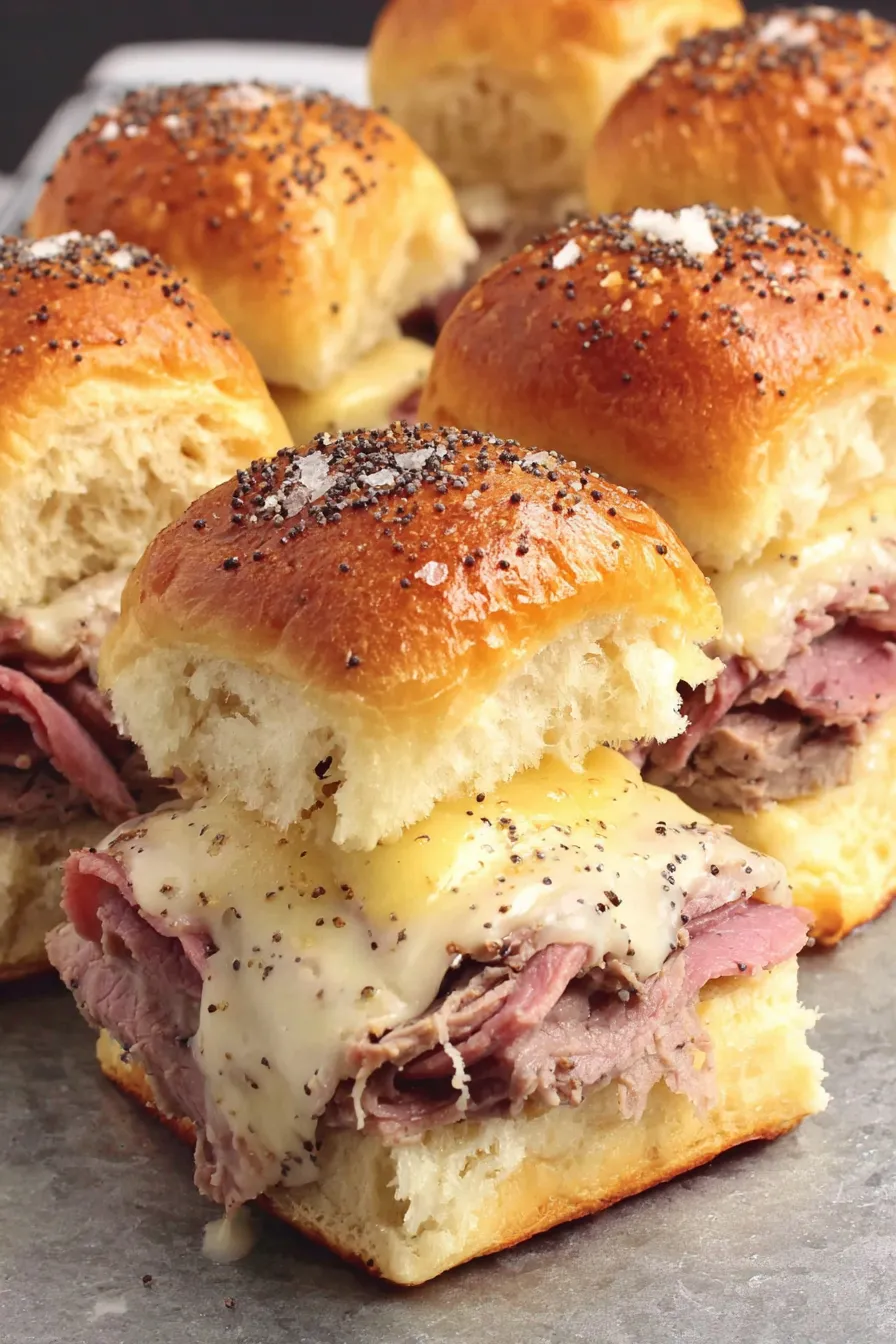 Tray of roast beef sliders before baking