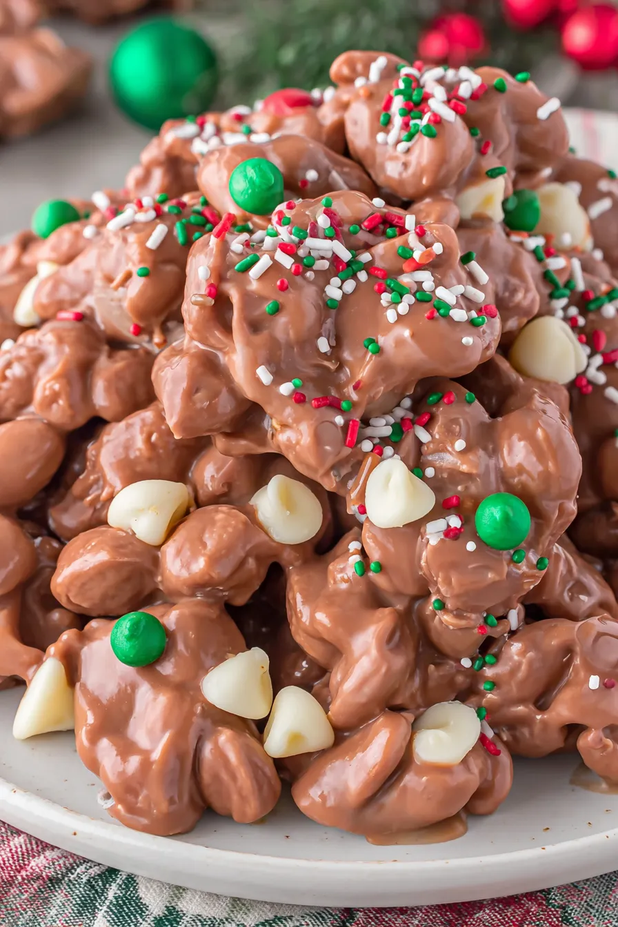 Finished peanut and chocolate clusters on parchment with sprinkles