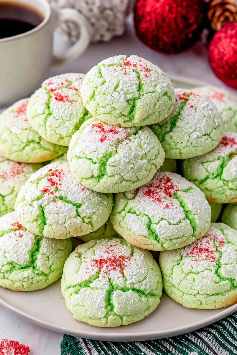 Freshly baked green Grinch cookies on a parchment-lined baking sheet
