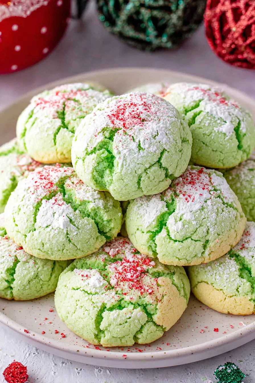 Close-up of a Grinch cookie with a red heart sprinkle