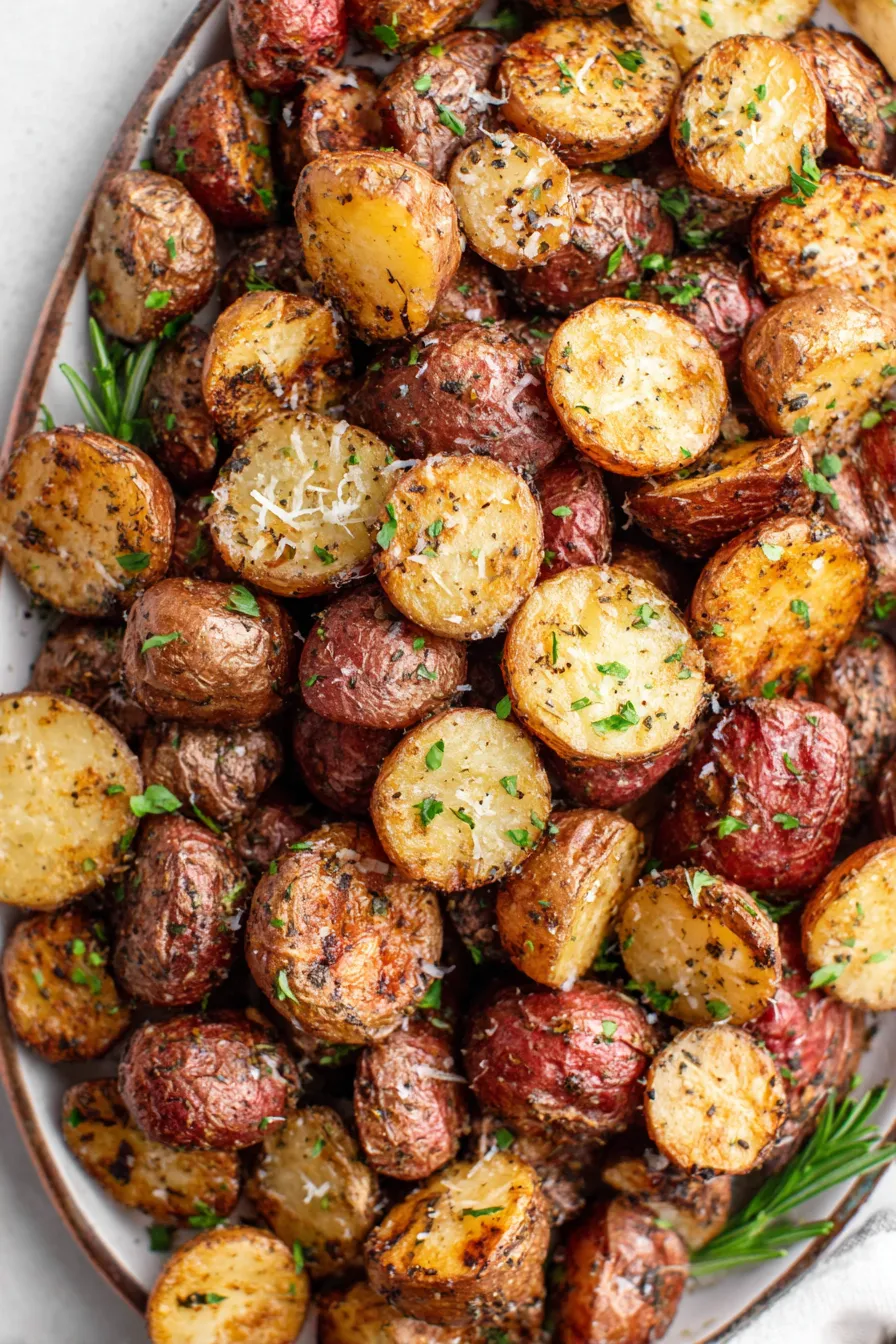 Grilled potatoes plated with fresh herbs and grated cheese