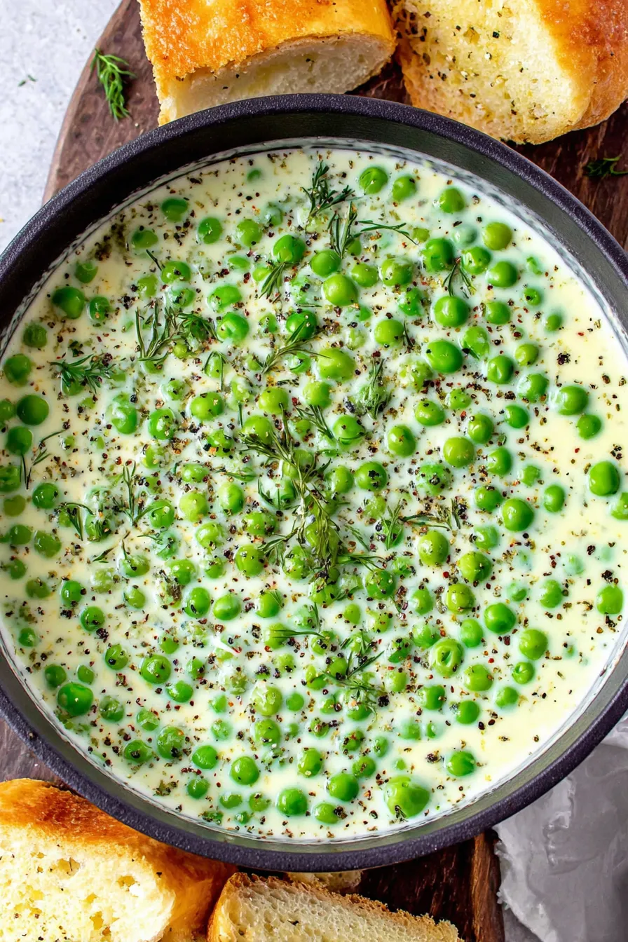 Creamed peas in a white bowl with herbs