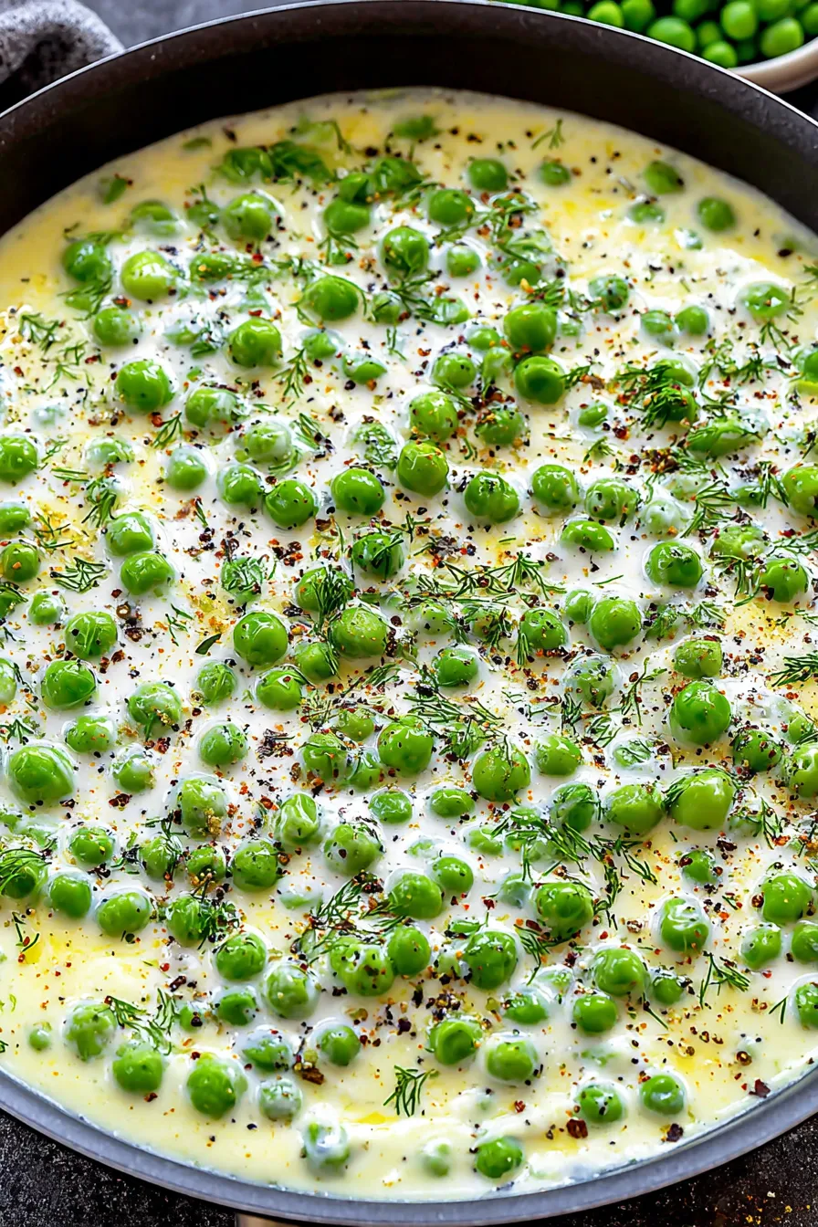 Spoon scooping creamed peas from saucepan