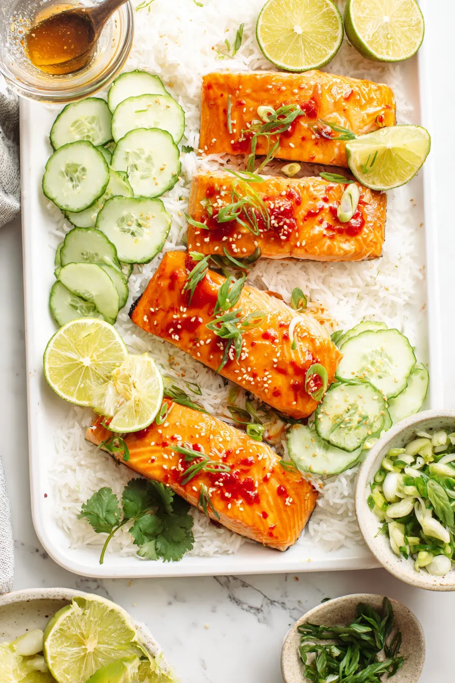 Plated sweet chili salmon with rice and garnishes