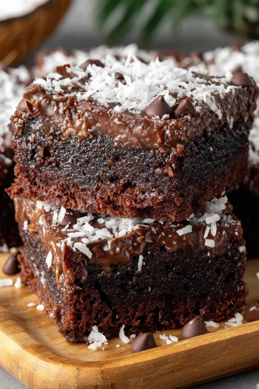 Freshly baked coconut chocolate squares with chewy coconut layer