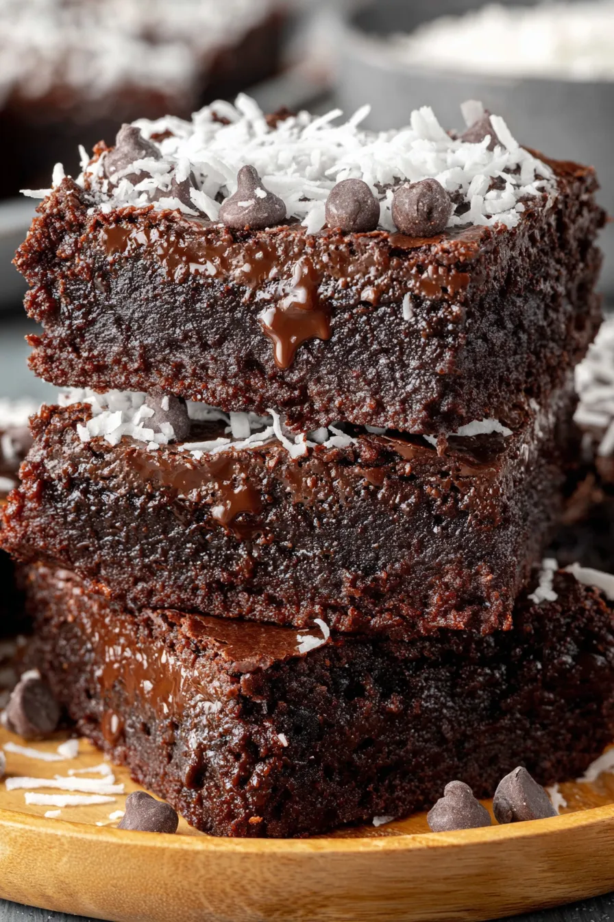 Sliced coconut chocolate squares cooling after baking