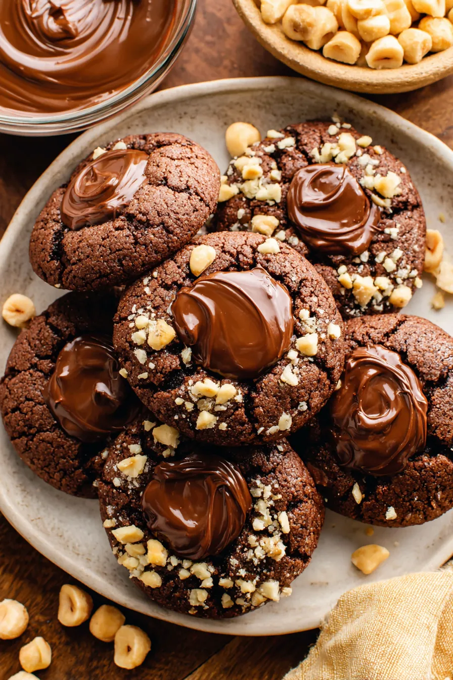 Chocolate Hazelnut Thumbprint Cookies on a tray