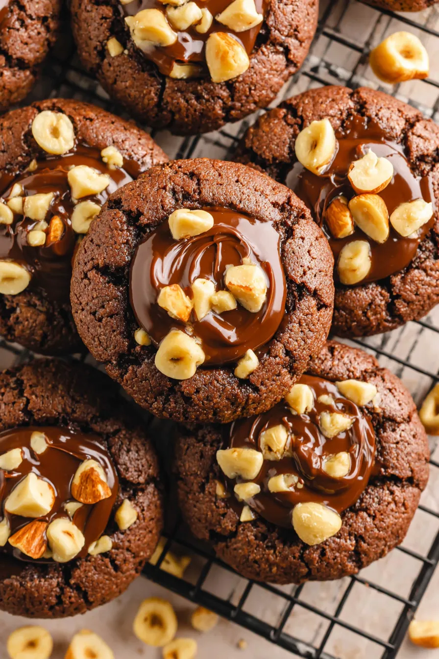 Close-up of a Nutella-filled thumbprint cookie