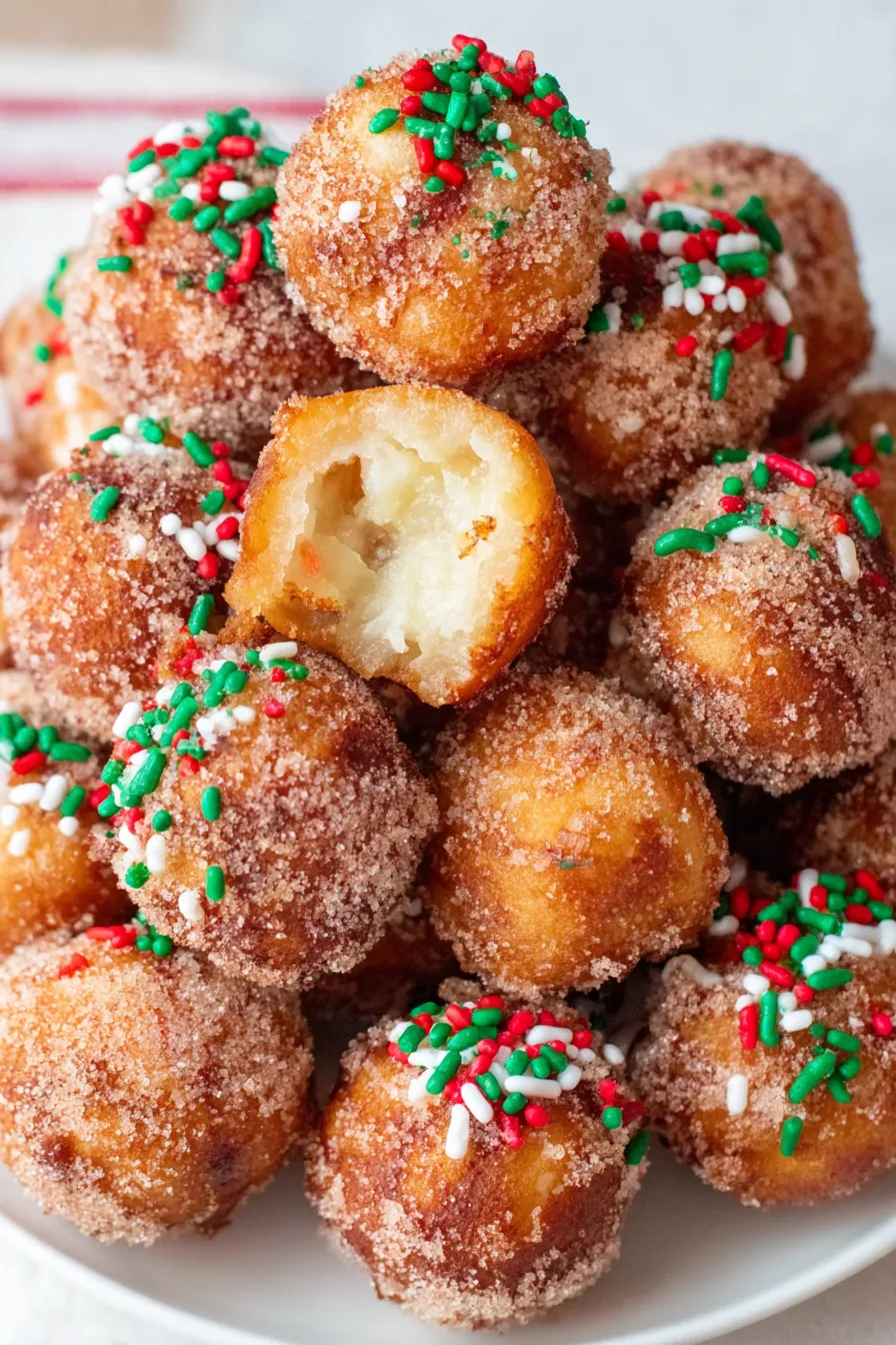 Freshly air fried donut holes being coated with cinnamon sugar