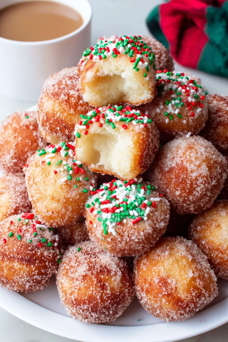 Donut holes stacked on a festive plate with sprinkles