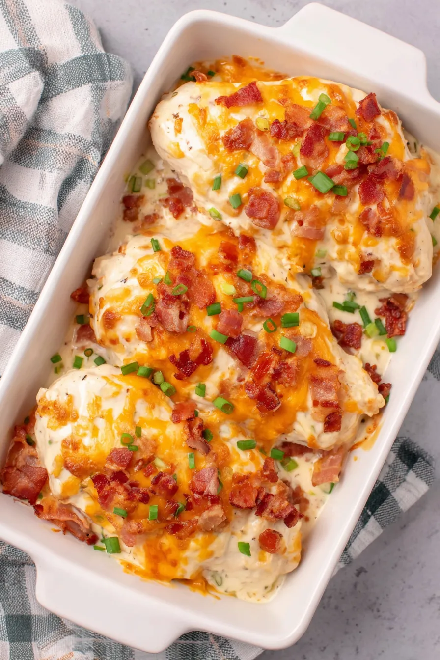Baked Crack Chicken out of oven with melted cheese and bacon