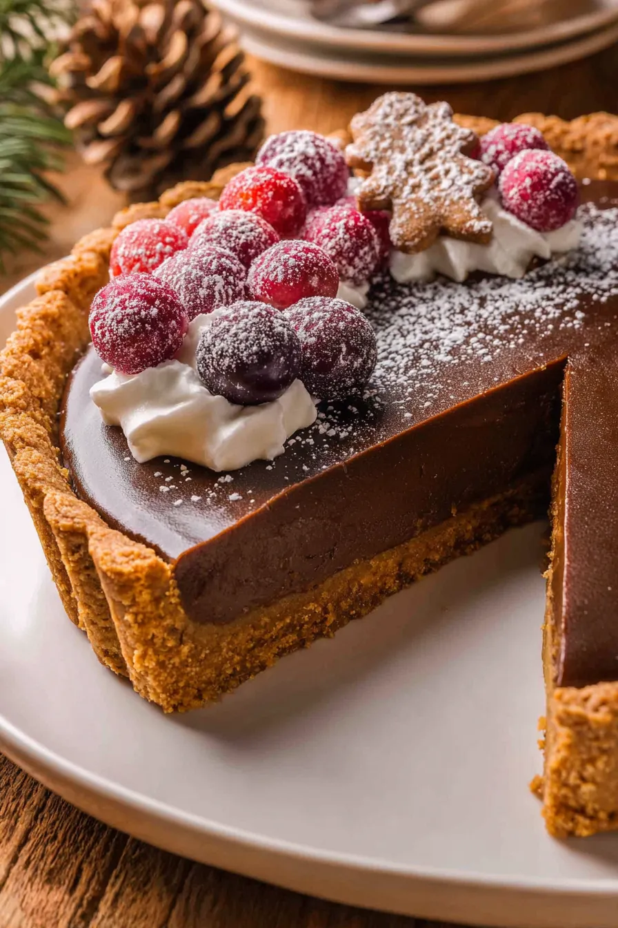 Gingerbread cookie chocolate tart close-up on table