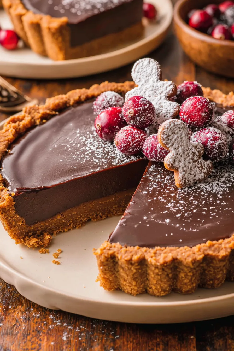 Sliced gingerbread chocolate tart served on plate