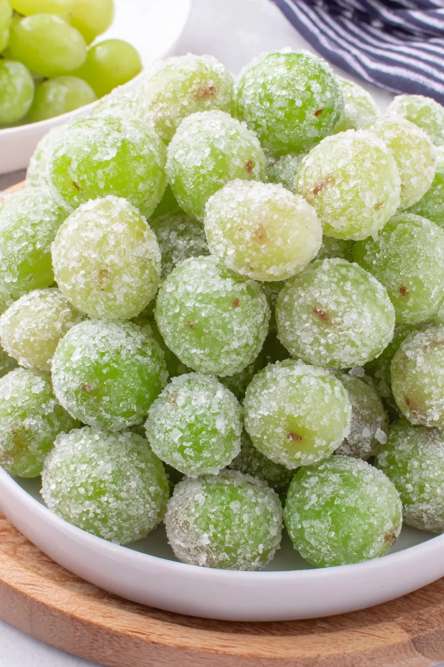 Close-up of frozen grapes with sugar crystals