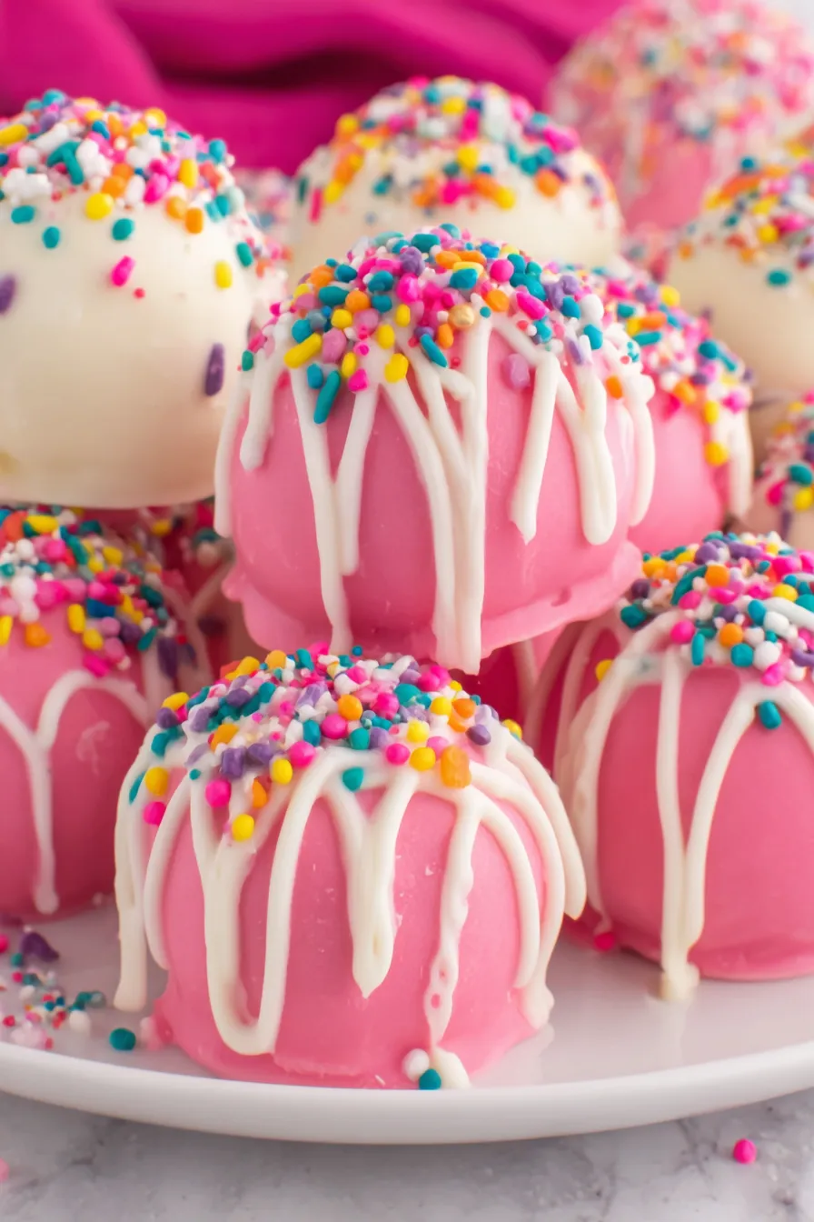 Bright pink and white coated truffles with sprinkles