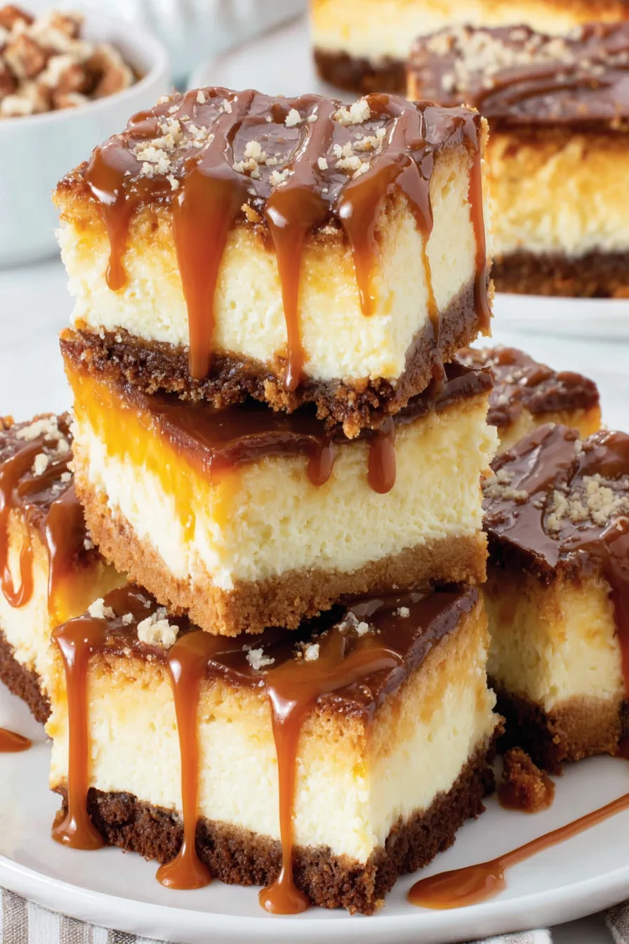 Caramel Cheesecake Bars on a cutting board