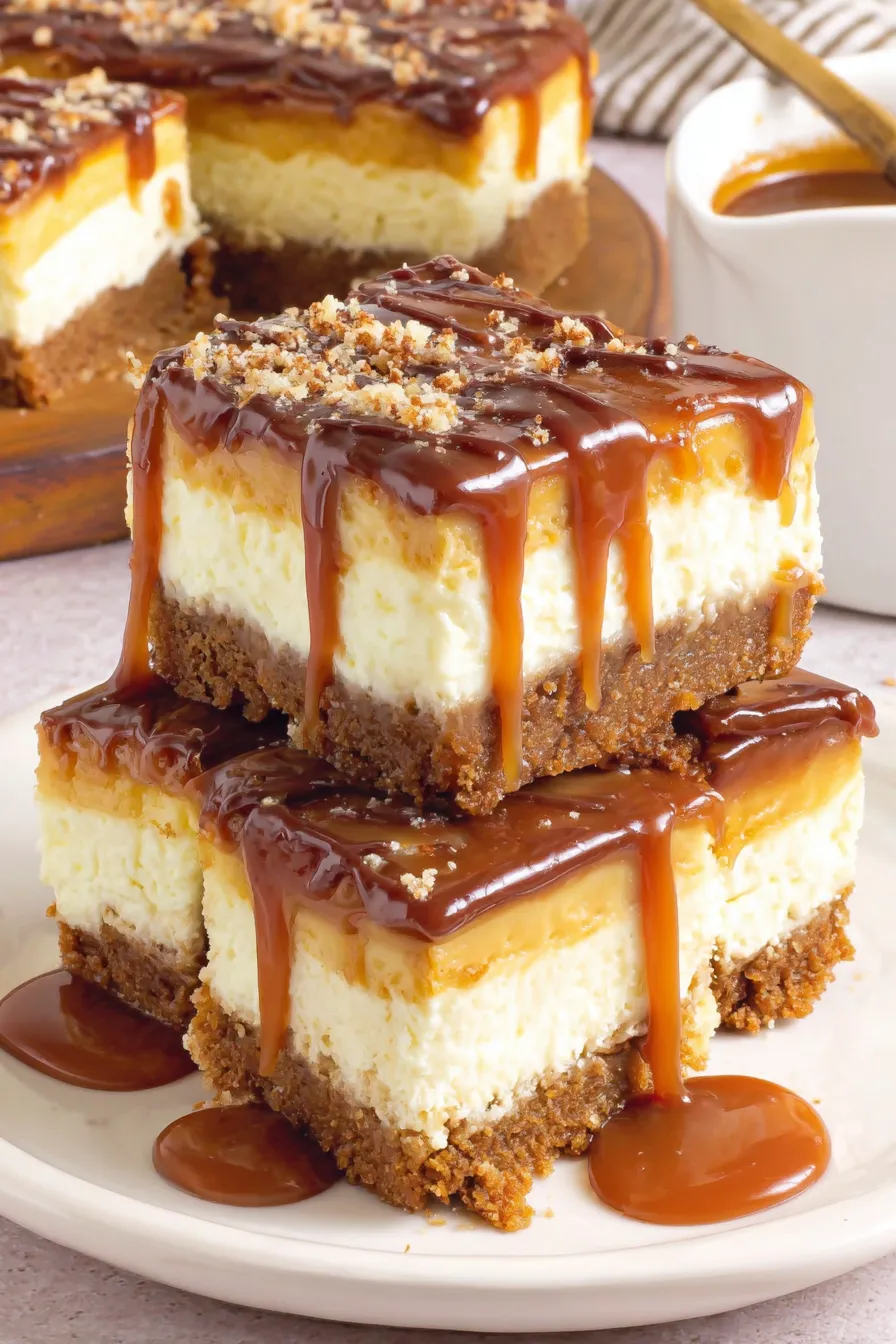 Slice of caramel cheesecake bar on a plate