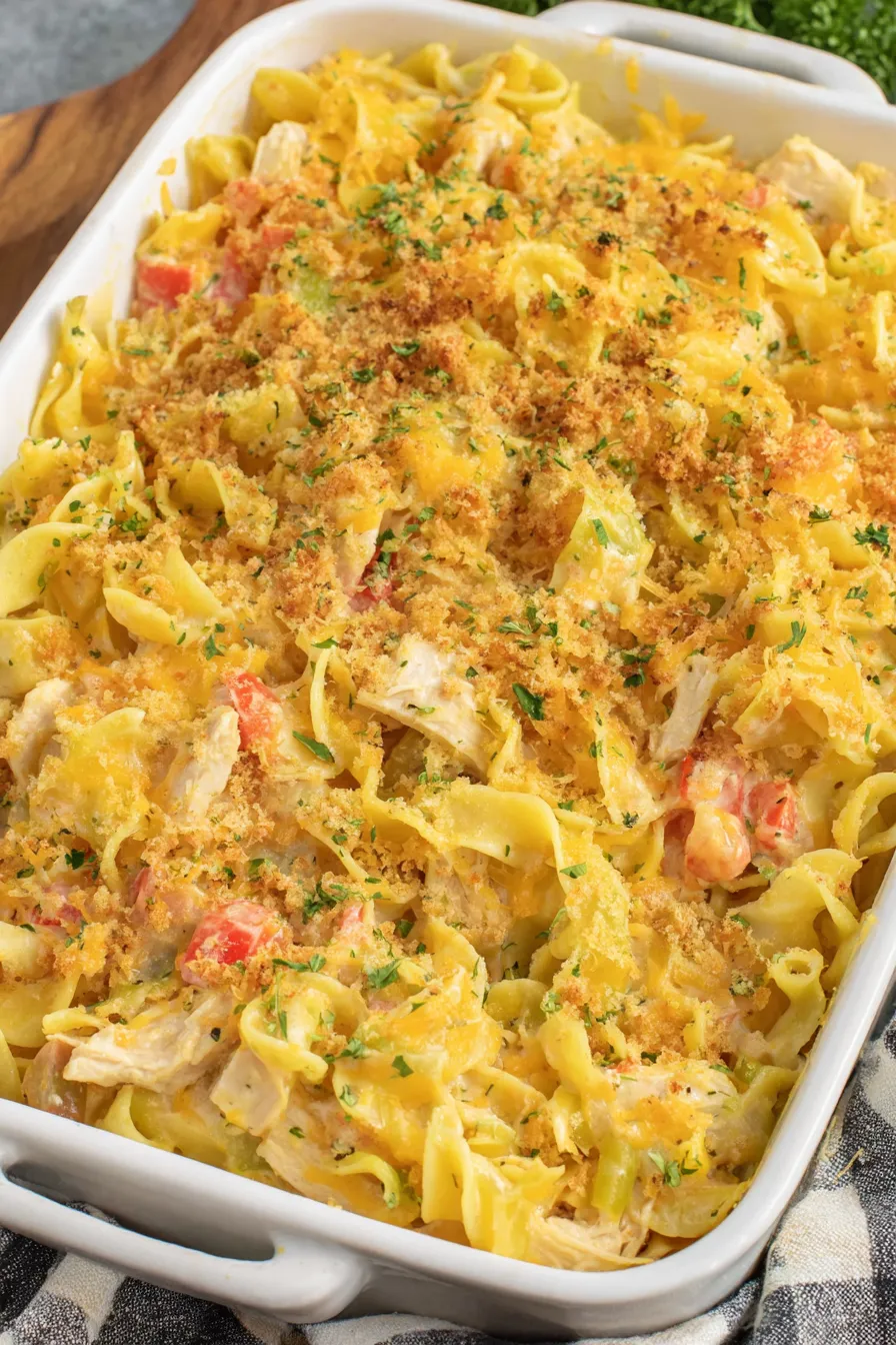 A golden baked chicken casserole fresh from the oven