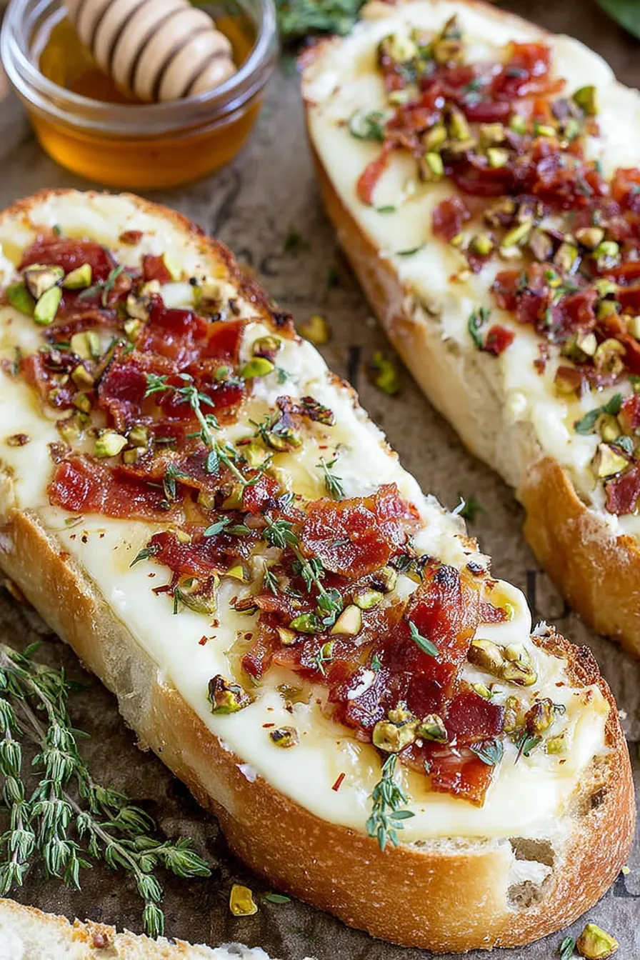 Brie cheese melting over sourdough bread with pistachios and prosciutto