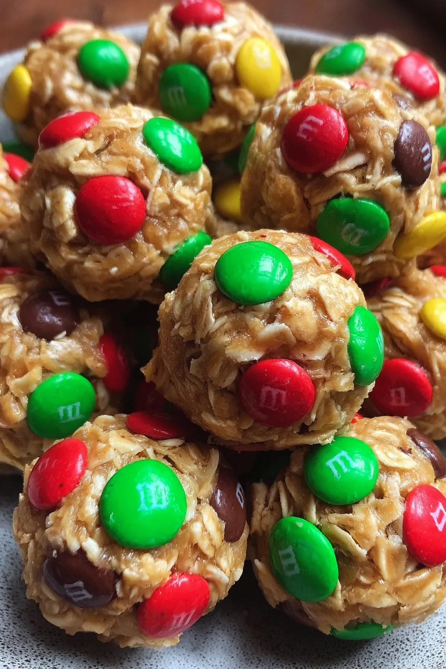 Christmas Energy Bites close-up with colorful mini M&Ms