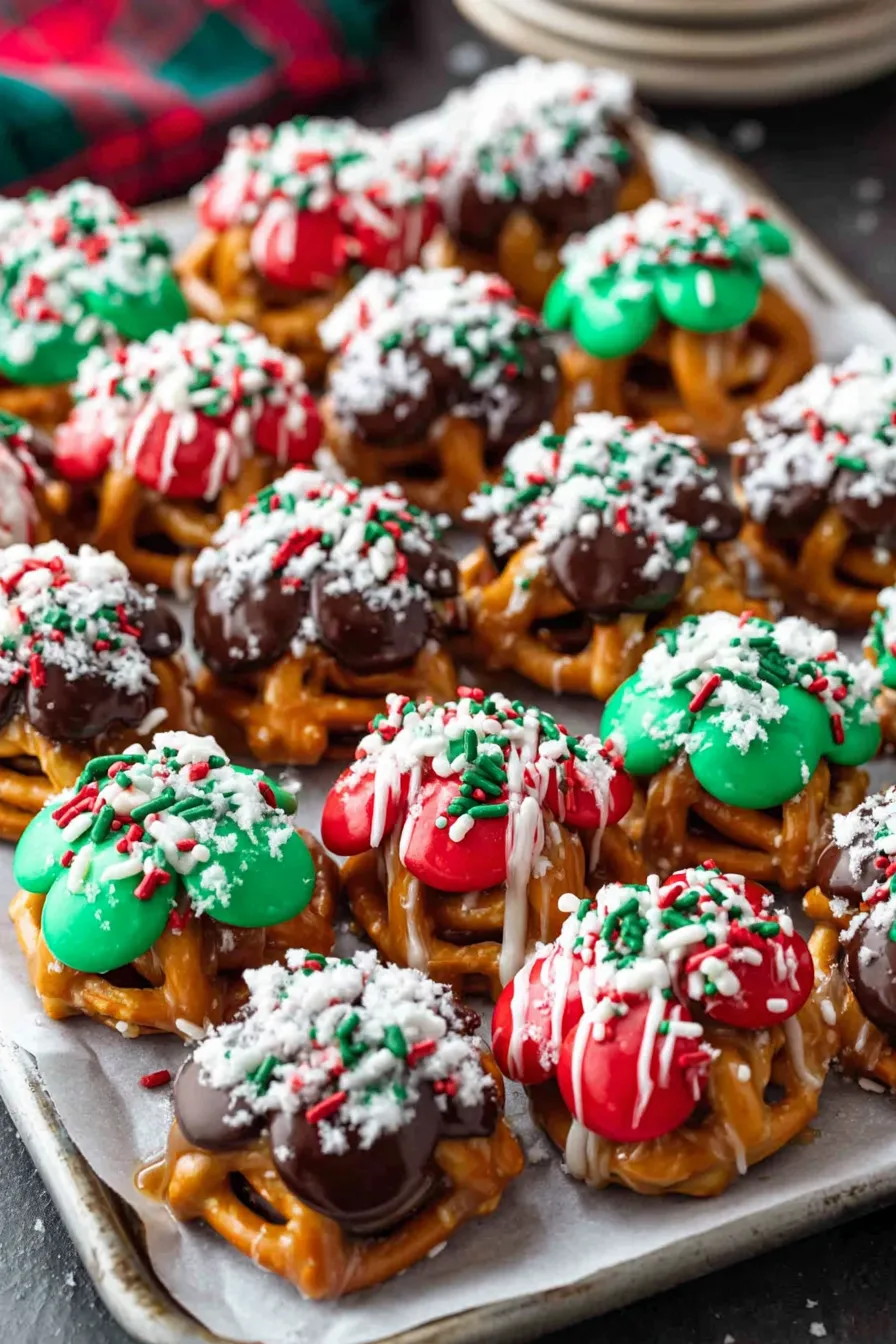 Tray of caramel pretzel bites setting on a baking sheet