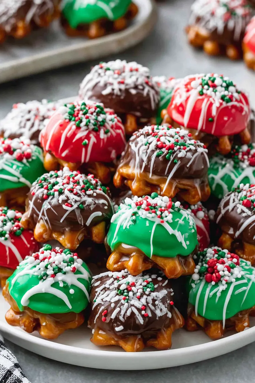 Close-up of decorated pretzel bites with red and green drizzle
