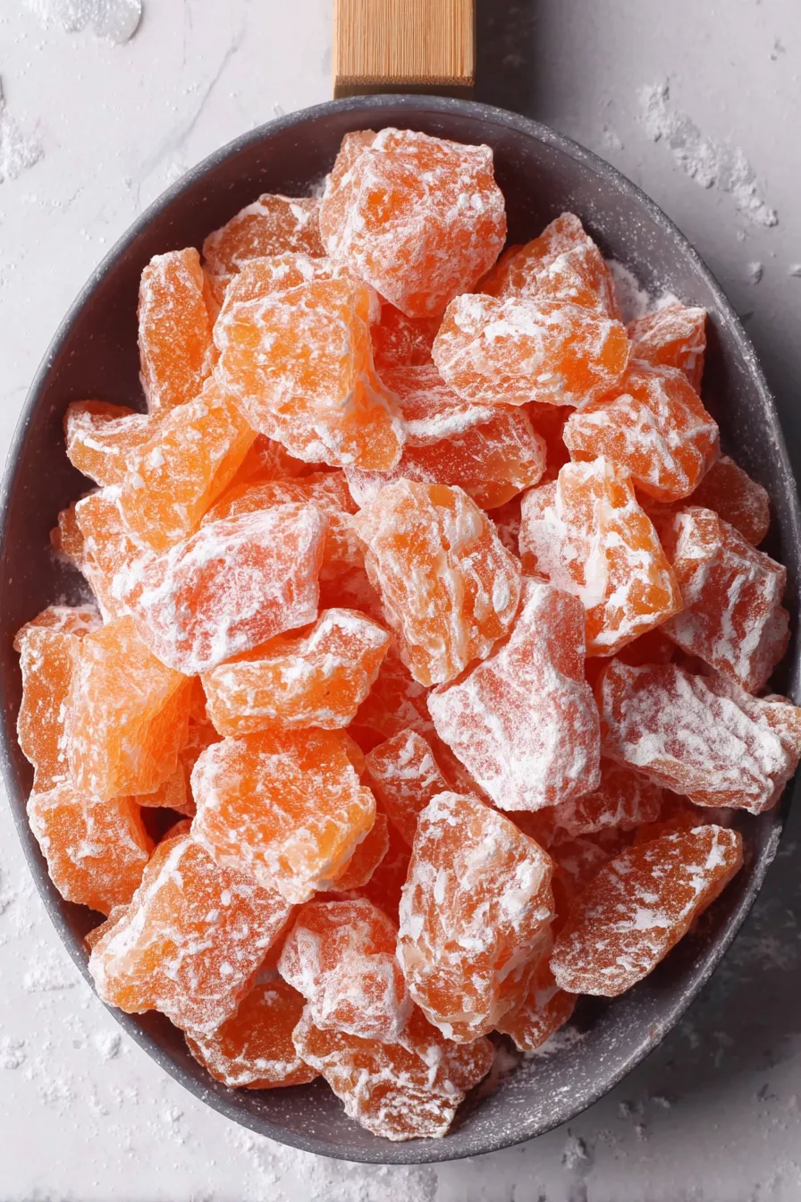 Pouring hot hard candy syrup into a sugar-lined pan