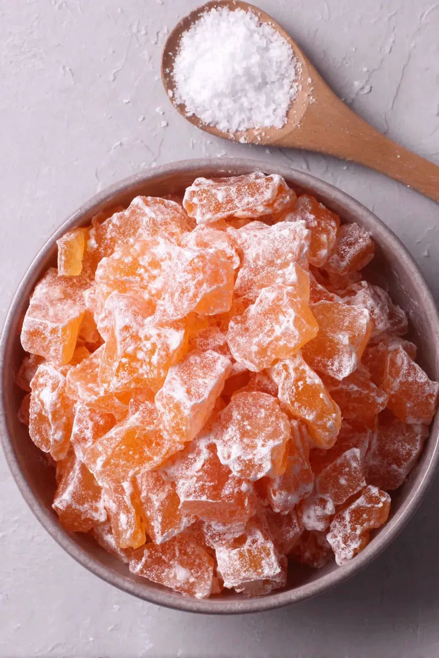 Finished colored hard candies in a bowl