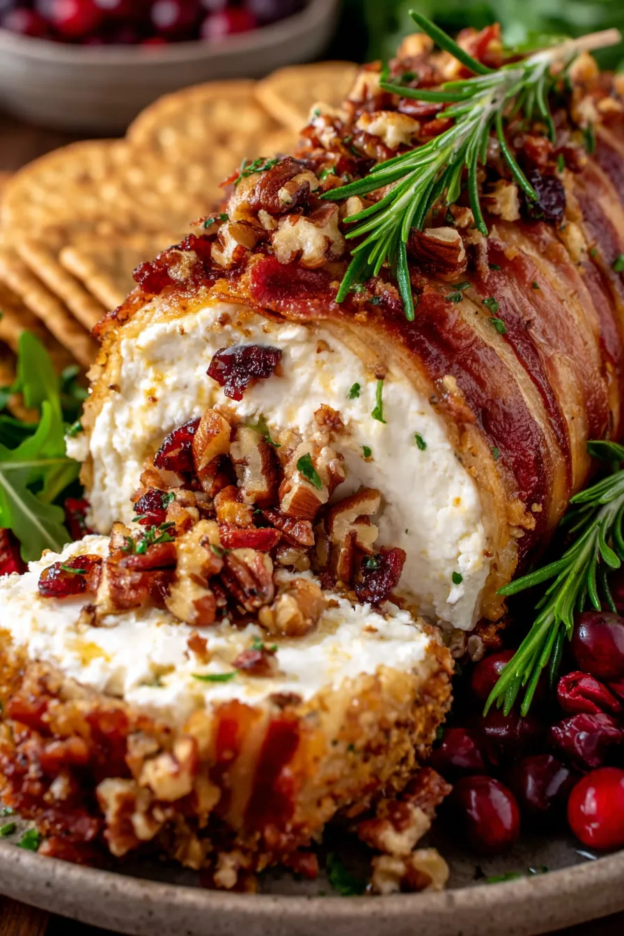 Cheese log rolled in bacon and pecans on a platter
