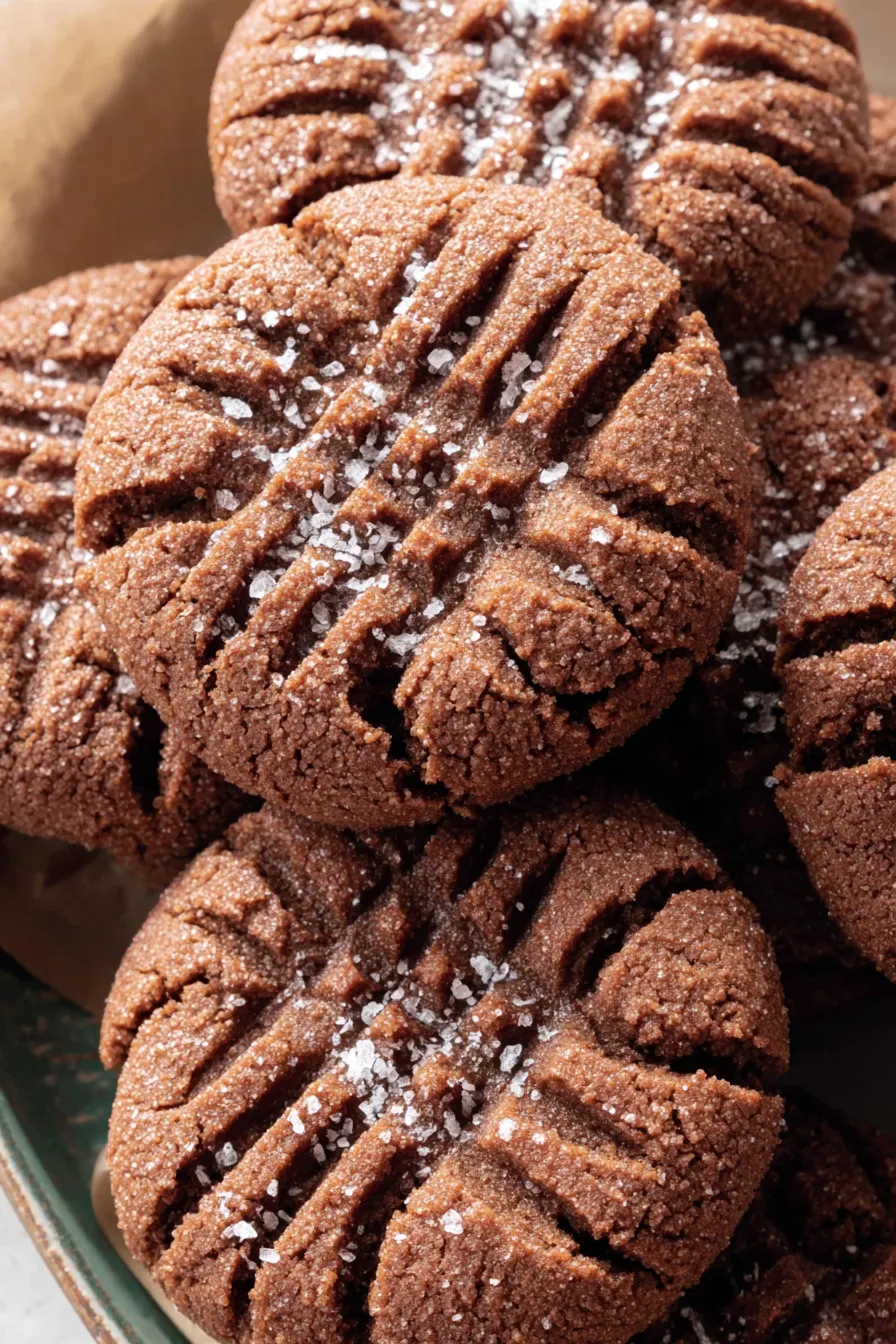 Close up of sugar-dusted chocolate peanut butter cookie before baking