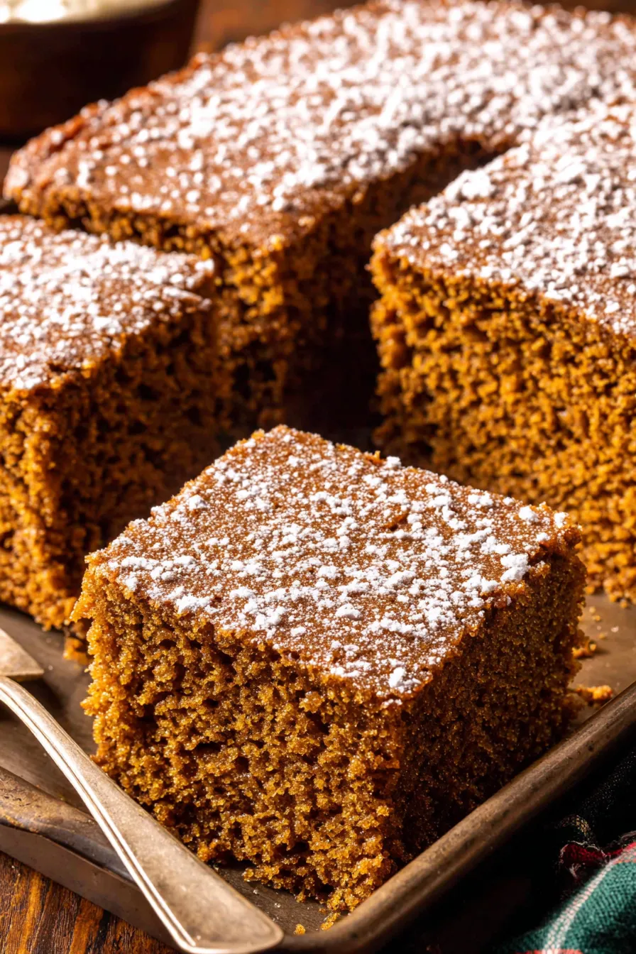 Slice of gingerbread cake topped with whipped cream