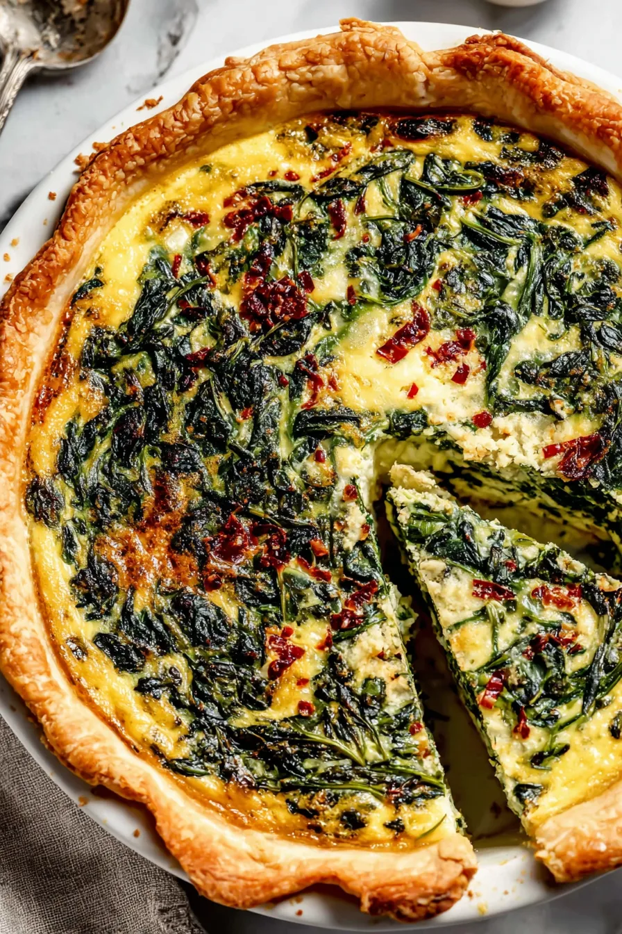Baked spinach quiche cooling on a rack