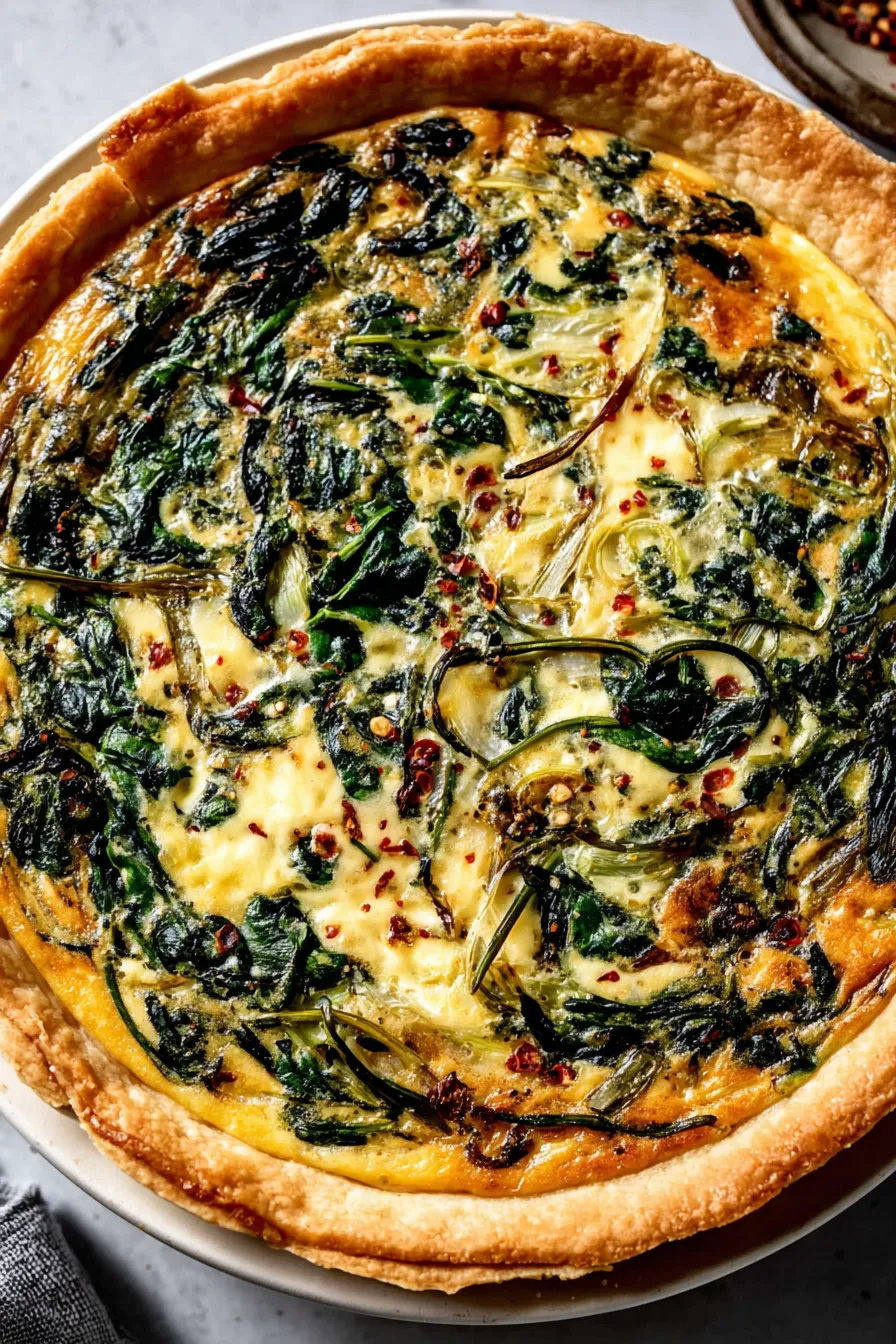 Slice of spinach quiche with melted cheese