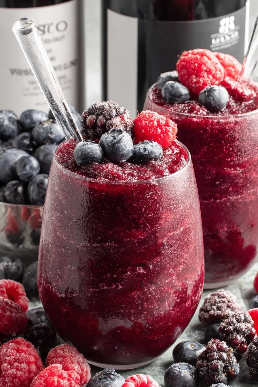 Red Wine Slushie in glasses with berry garnish