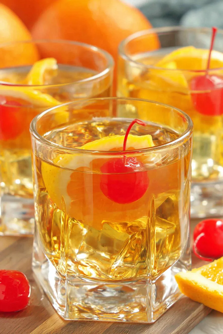 Three shot glasses with whiskey and citrus garnish