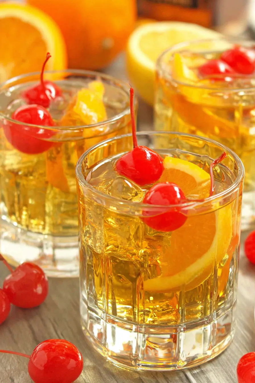 Garnished shot glasses on a wooden tray