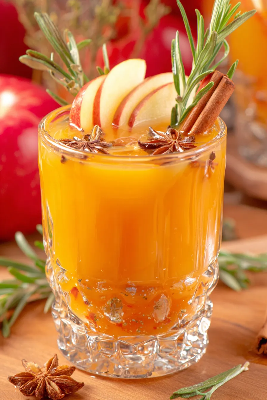 Garnished glasses of spiked apple cider with herbs