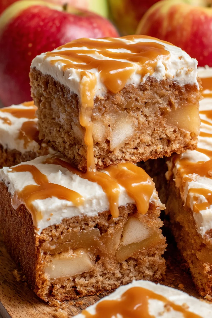 Moist vegan apple spice sheet cake topped with frosting and caramel