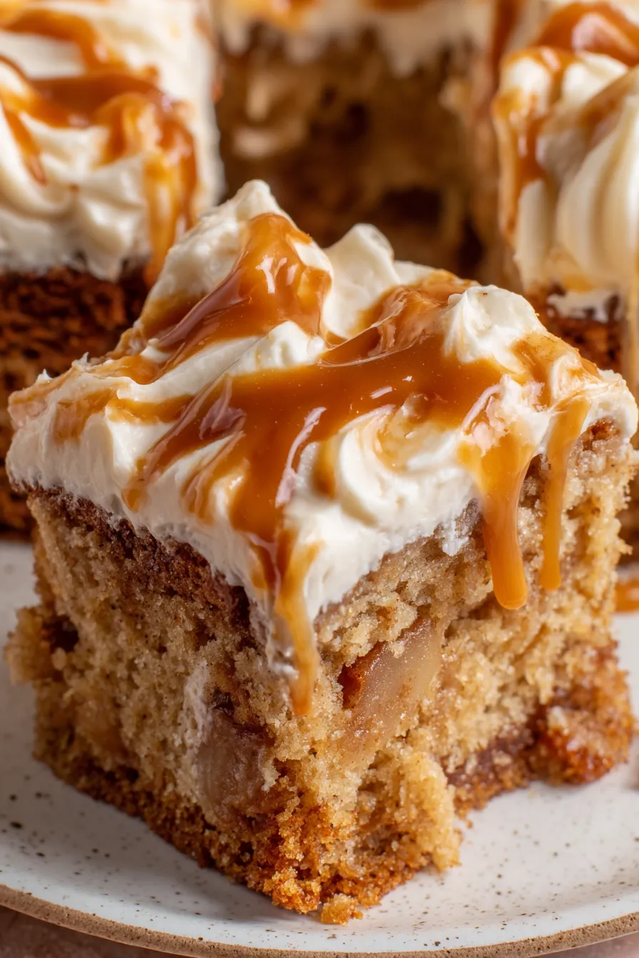 Close-up of caramel drizzle on vegan cream cheese frosting
