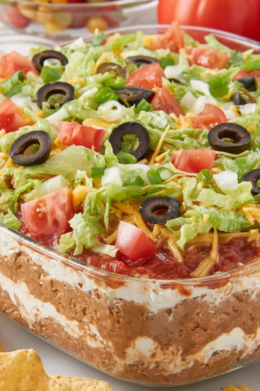 Seven layer dip in a clear glass dish showing colorful layers