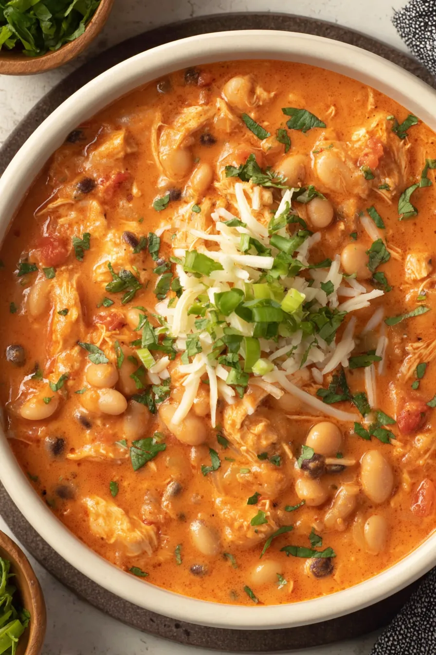 Slow Cooker Buffalo Chicken Chili in a bowl topped with cheese