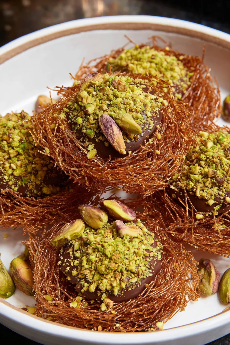 Kataifi strands and pistachios on a tray