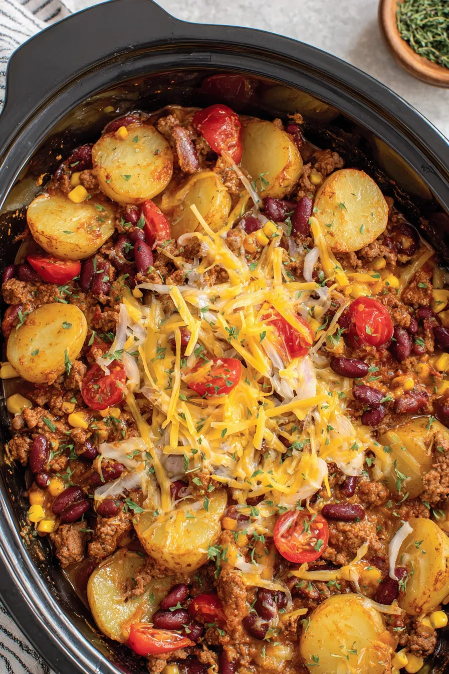 Crockpot Cowboy Casserole bubbling with cheese on top