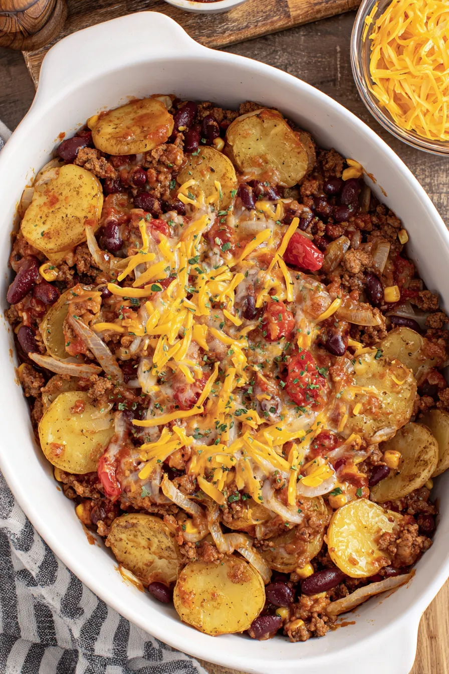 Layered potatoes and beef mixture ready in the slow cooker