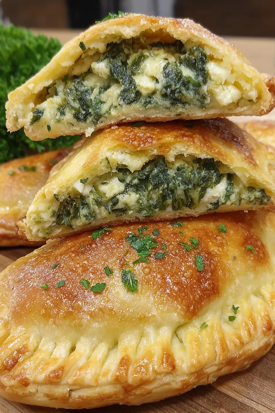 Golden vegan spinach feta empanadas frying in a skillet
