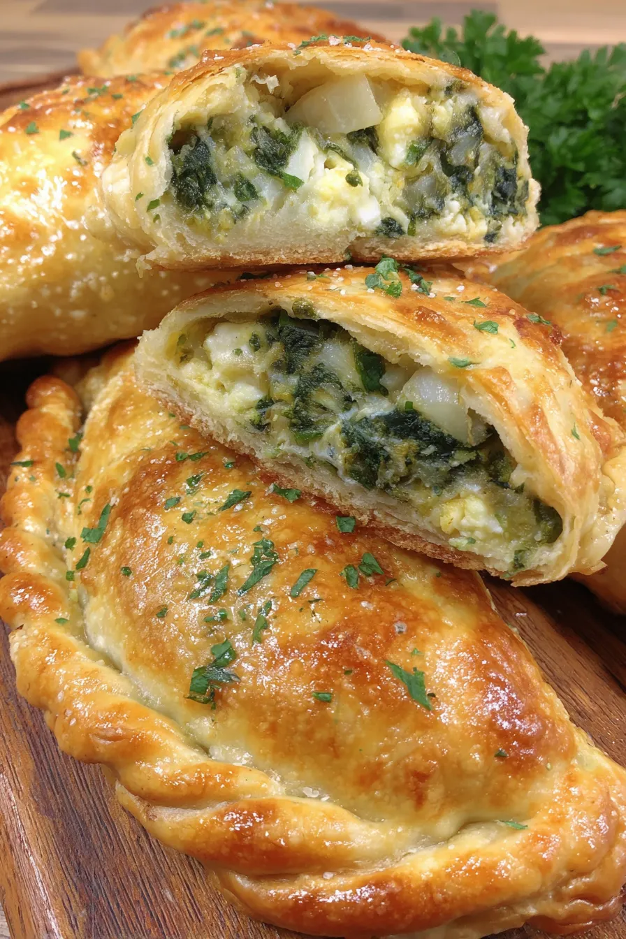 Stack of freshly made vegan spinach feta empanadas on a serving board
