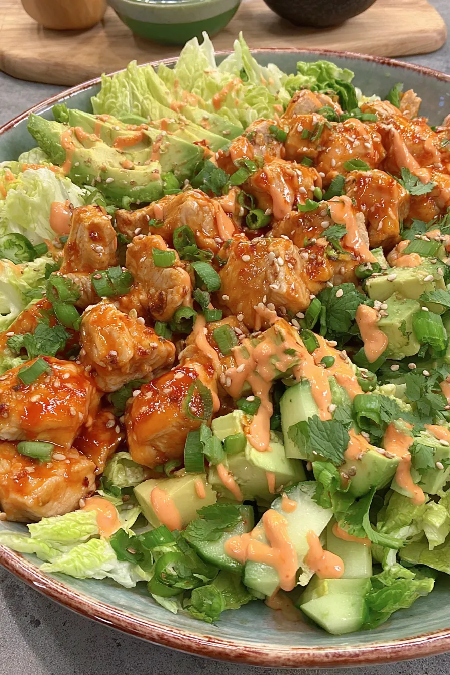 Shredded Korean BBQ chicken mixed with gochujang dressing