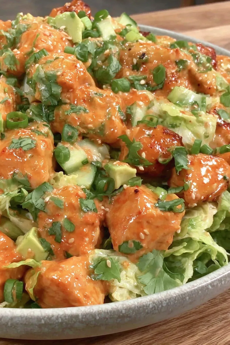 Prepared Korean BBQ Chicken Salad plated with sesame seeds and chopped peanuts