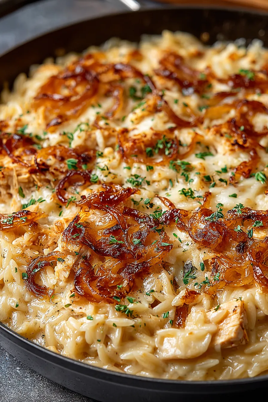 Caramelized onions and orzo in skillet