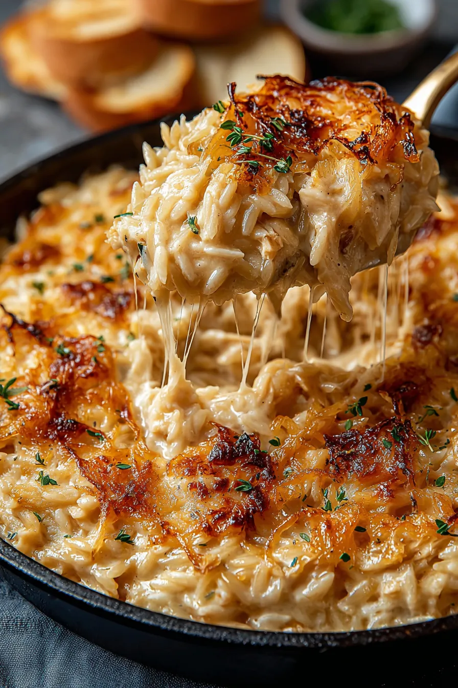 Baked French onion chicken orzo casserole served